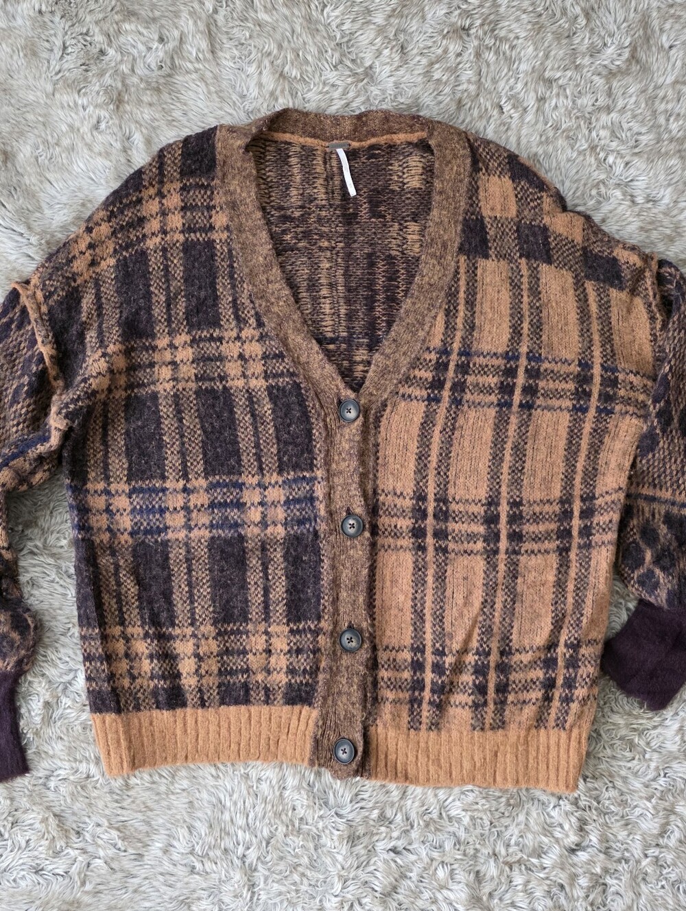 Free People Sepia Plaid Cardigan Brown Half And Half Women's Size Medium - Picture 2 of 11